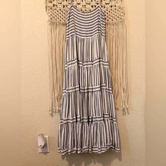 Shop Harbor Striped Blue & White Tiered Ruffle Maxi Dress Size Medium Boho Chic - Picture 1 of 2